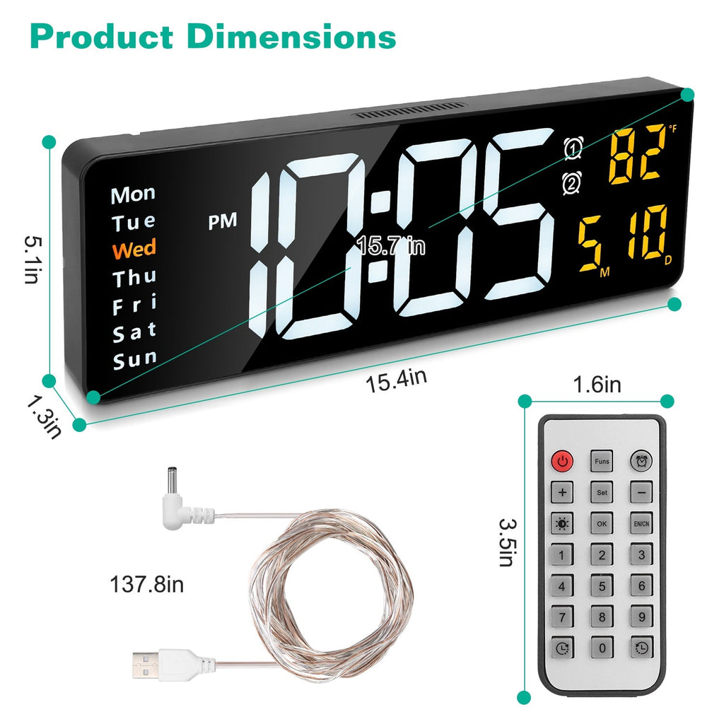 15.7in LED Digital Wall Clock With Remote Control 10 Level Brightness