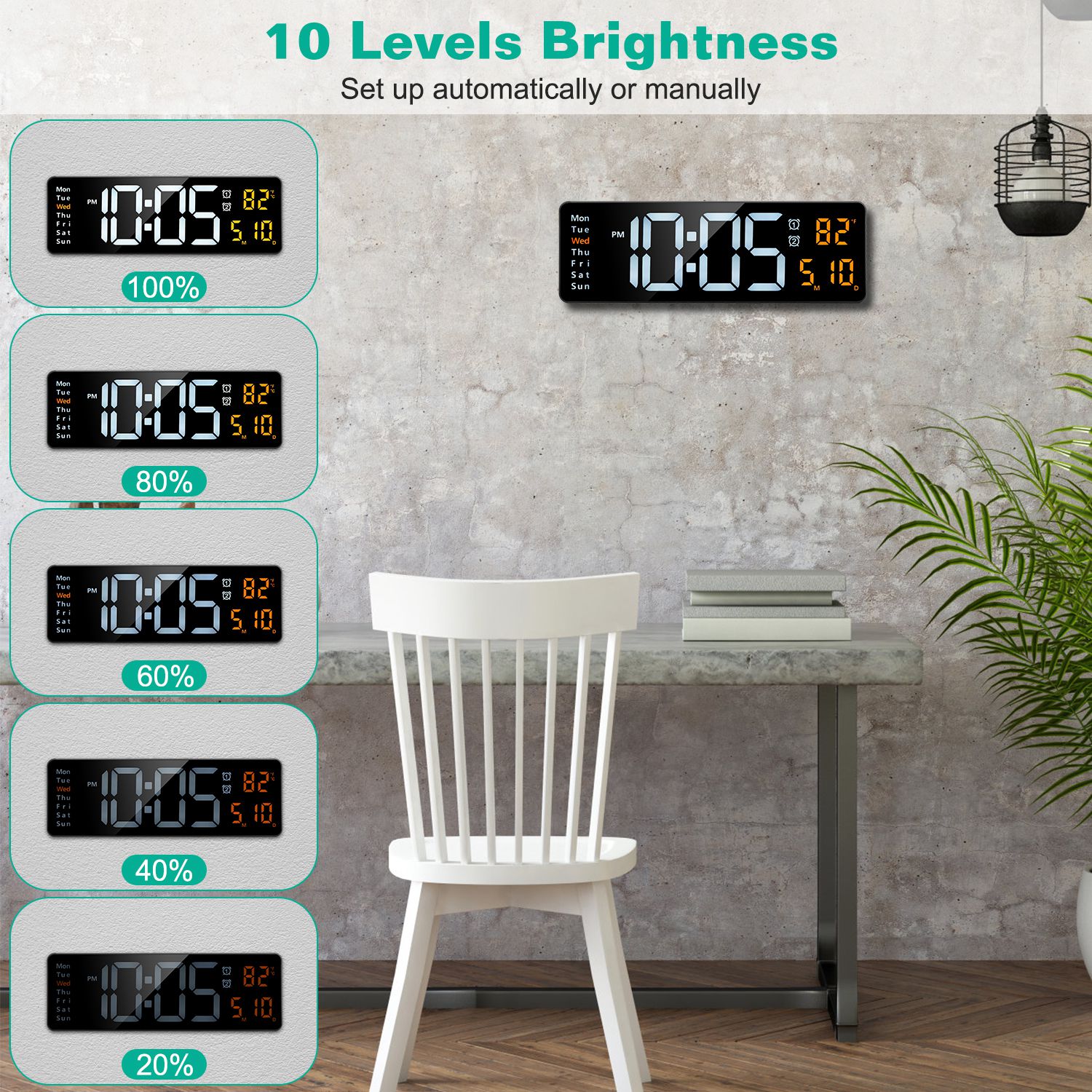 15.7in LED Digital Wall Clock With Remote Control 10 Level Brightness