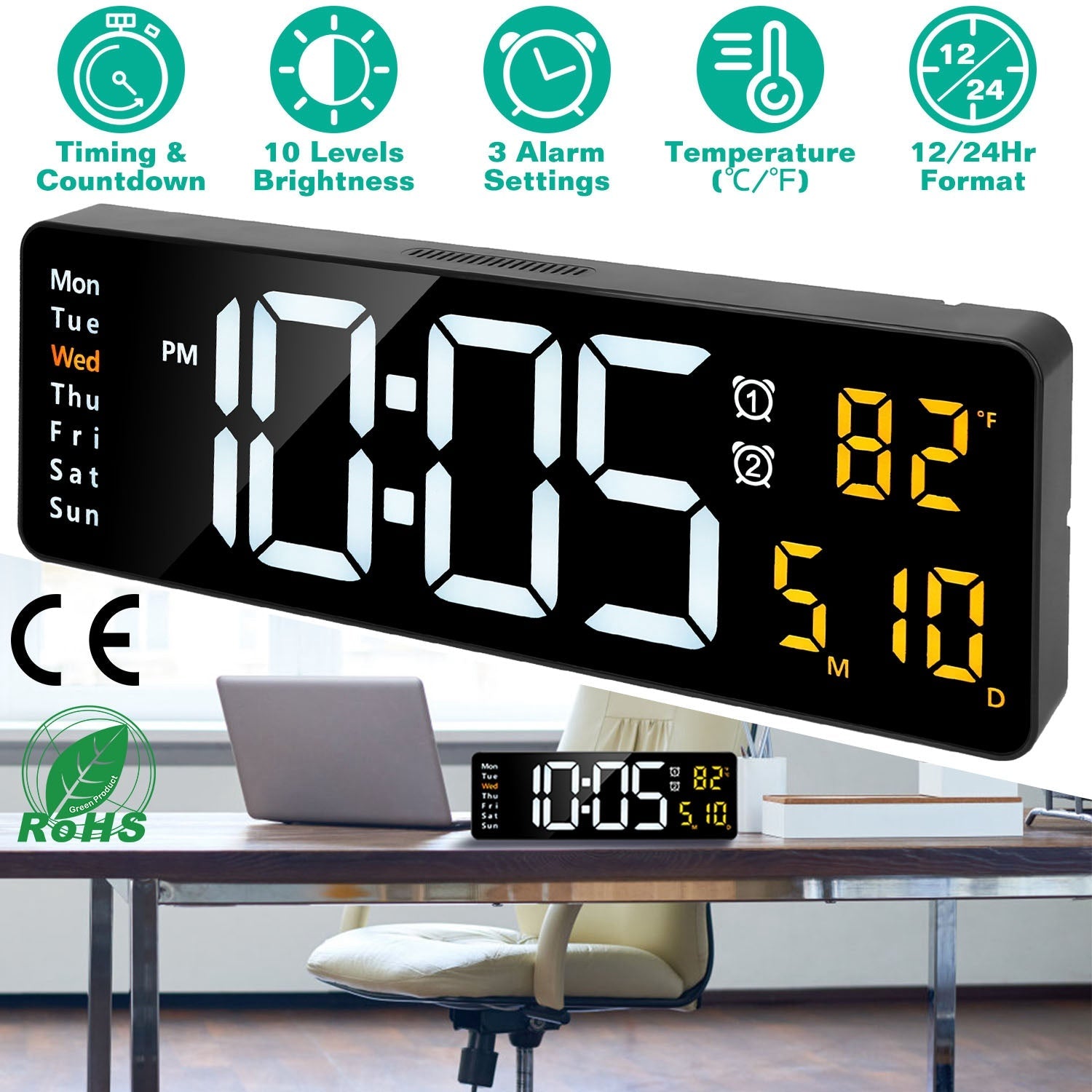 15.7in LED Digital Wall Clock With Remote Control 10 Level Brightness